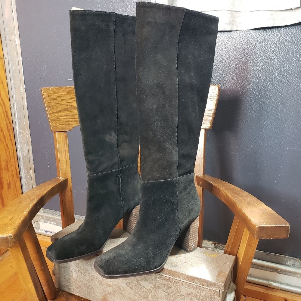 Sam Edelman Olly Black Suede Square Toe Block Heel Pull On Knee High Boot Sz 8.5